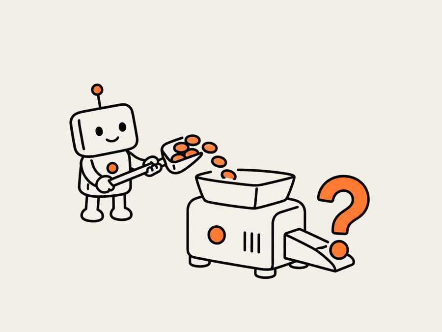 A robot shoveling coins into a machine that outputs a question mark