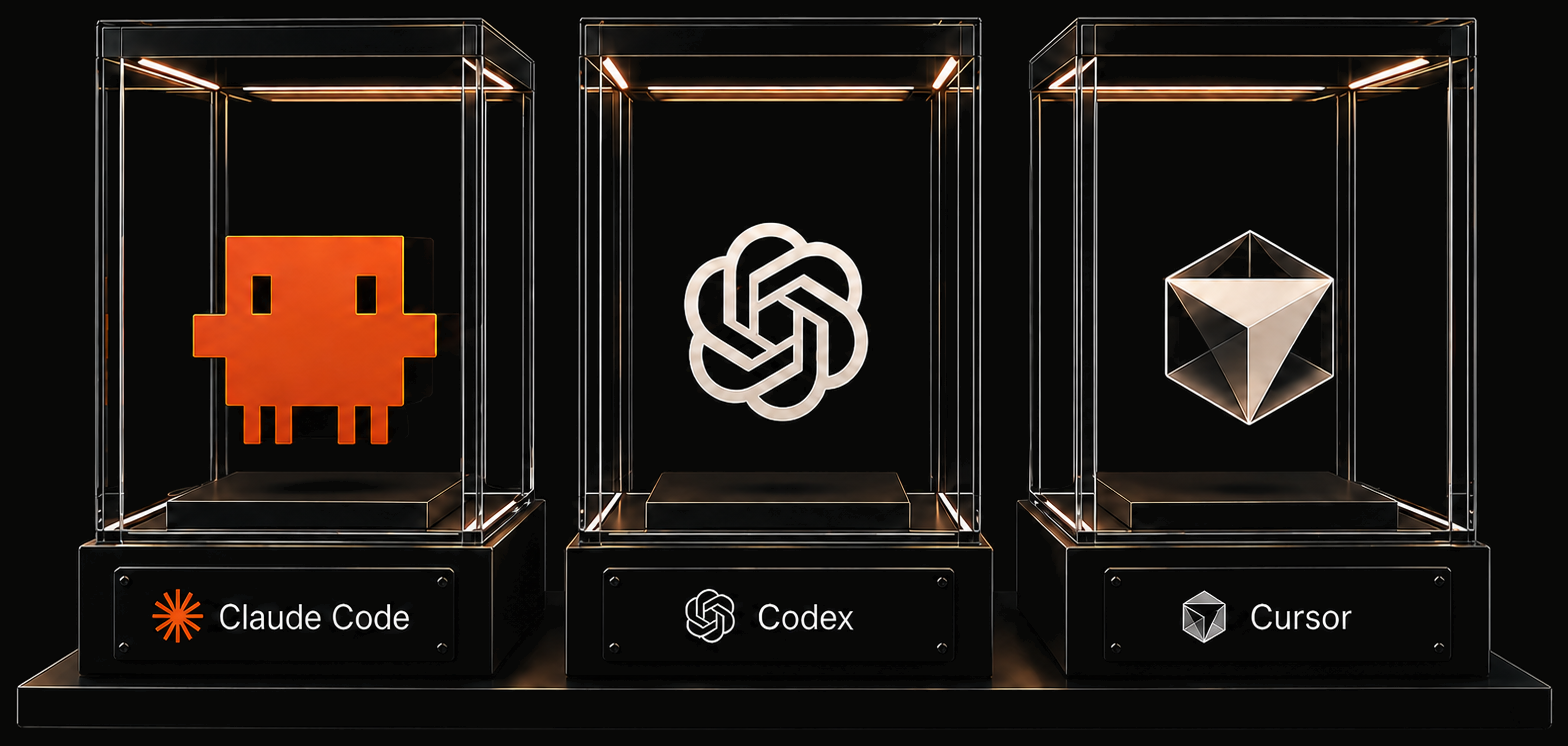 Three glass display cases containing the Claude Code, Codex, and Cursor coding agent marks